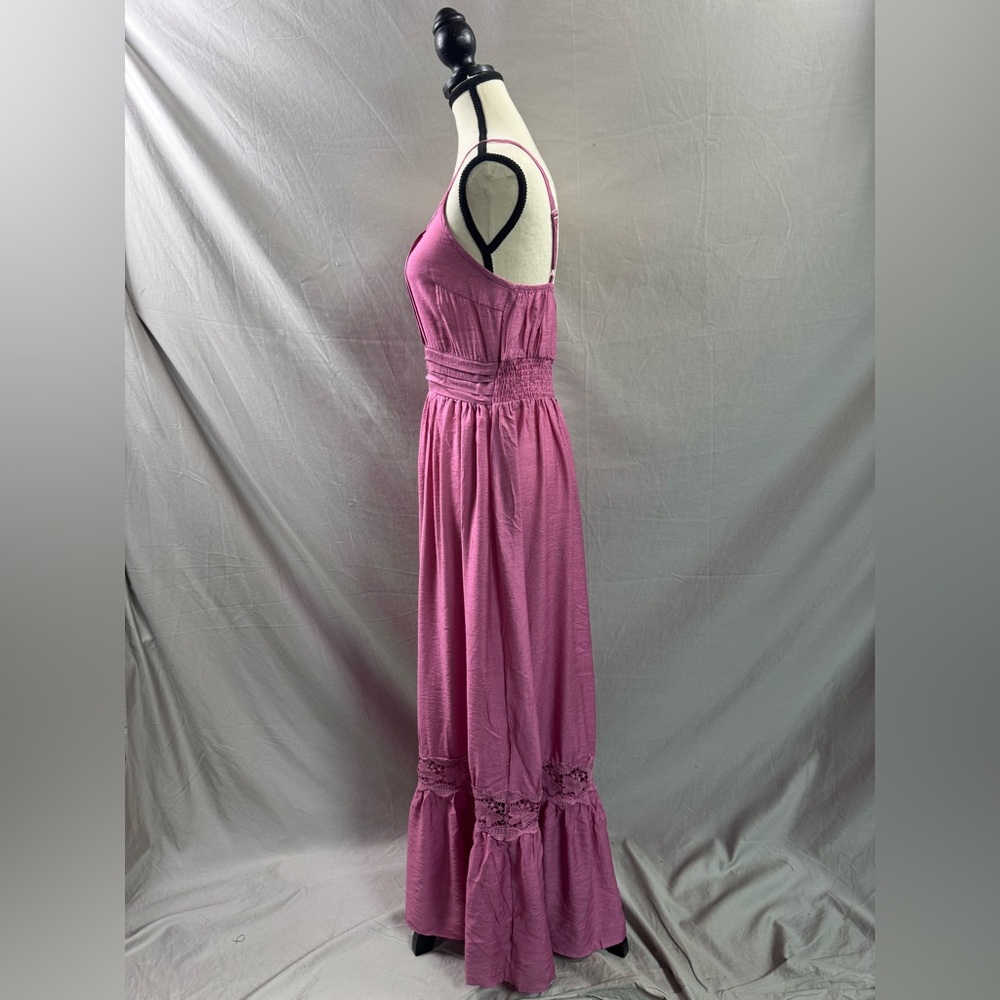 Boho Shirred Ruffle Lace Hem Maxi Dress Pink - Picture 8 of 9